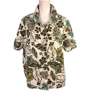 Hot Cotton by Marc Ware Floral Print Button Up Short Sleeve Shirt 1X Green